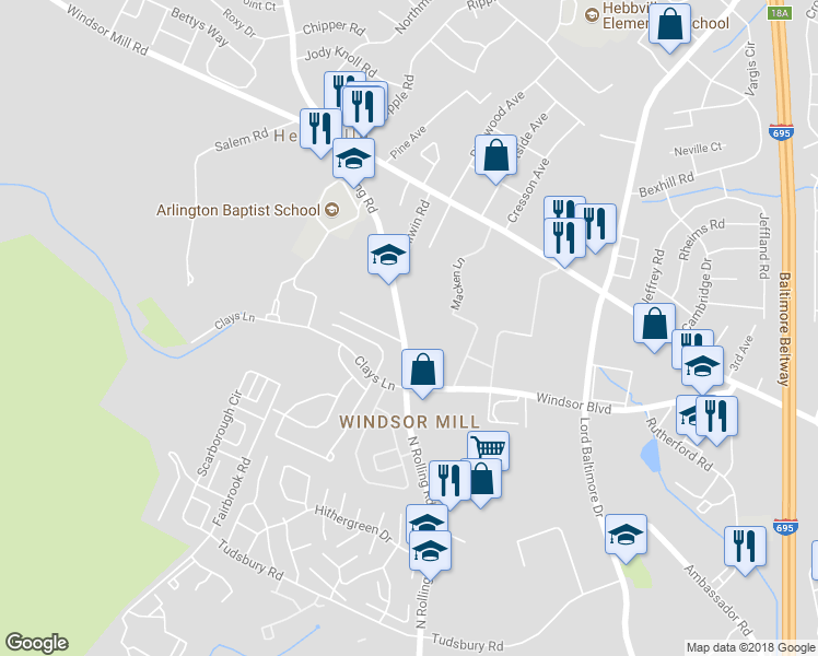 map of restaurants, bars, coffee shops, grocery stores, and more near 2913 N Rolling Rd in Milford Mill