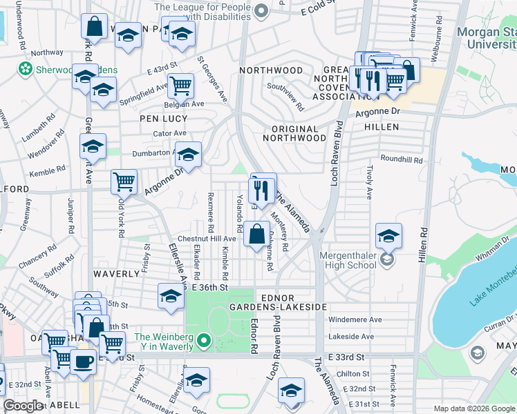 map of restaurants, bars, coffee shops, grocery stores, and more near 3915 Ednor Road in Baltimore