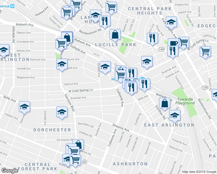 map of restaurants, bars, coffee shops, grocery stores, and more near 3710 West Cold Spring Lane in Baltimore