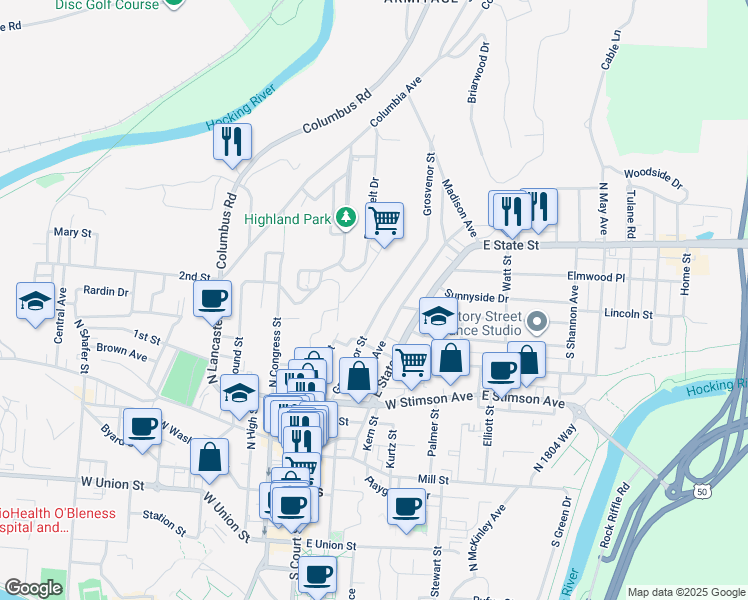 map of restaurants, bars, coffee shops, grocery stores, and more near 9 Forest Street in Athens