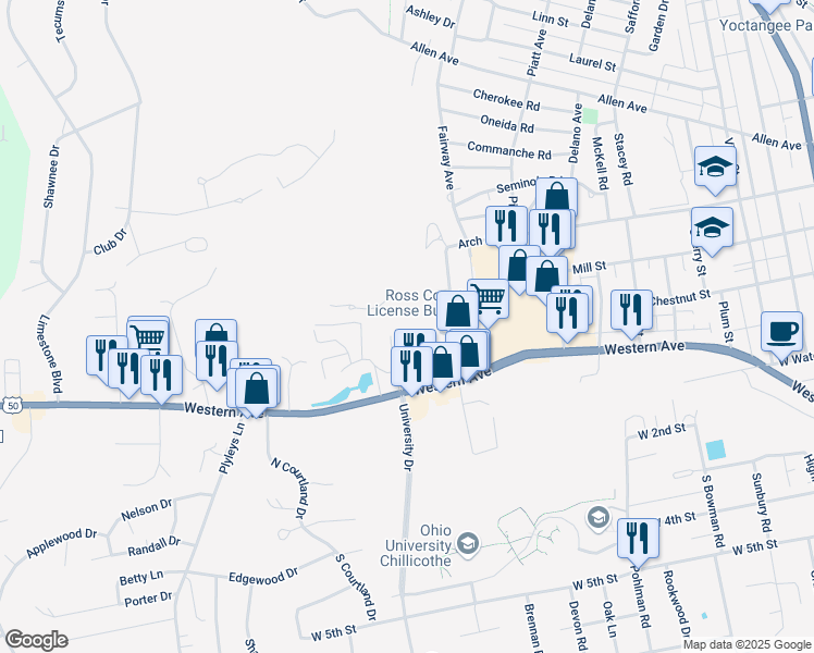 map of restaurants, bars, coffee shops, grocery stores, and more near 142 University Drive in Chillicothe