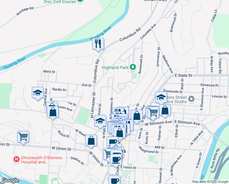 map of restaurants, bars, coffee shops, grocery stores, and more near 178 North Congress Street in Athens
