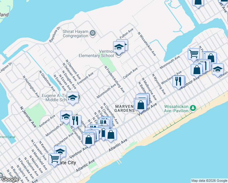 map of restaurants, bars, coffee shops, grocery stores, and more near 113 North Argyle Avenue in Margate City