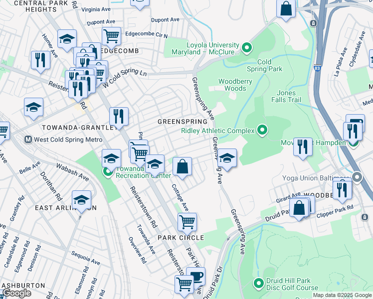 map of restaurants, bars, coffee shops, grocery stores, and more near 2461 Shirley Avenue in Baltimore