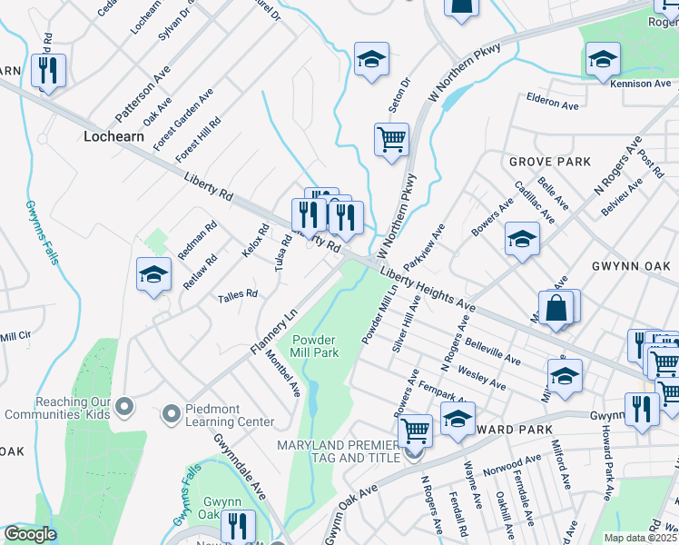 map of restaurants, bars, coffee shops, grocery stores, and more near 3555 Flannery Lane in Lochearn