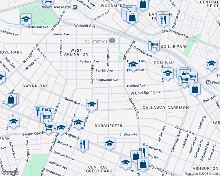 map of restaurants, bars, coffee shops, grocery stores, and more near 4219 Granada Avenue in Baltimore
