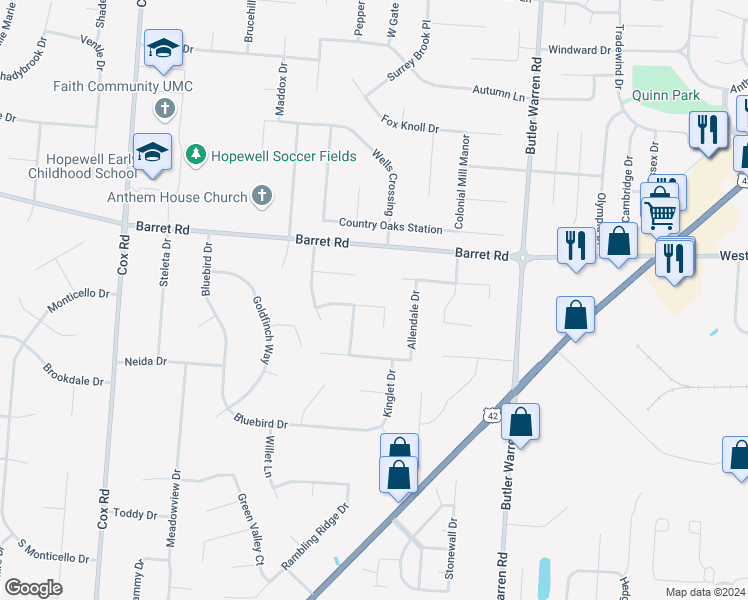map of restaurants, bars, coffee shops, grocery stores, and more near 8150 Brookfield Drive in Butler County