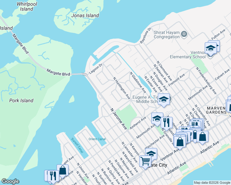 map of restaurants, bars, coffee shops, grocery stores, and more near 414 North Huntington Avenue in Margate City