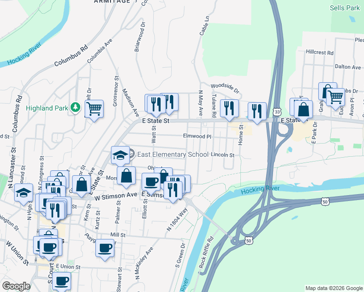 map of restaurants, bars, coffee shops, grocery stores, and more near 78 Elmwood Place in Athens