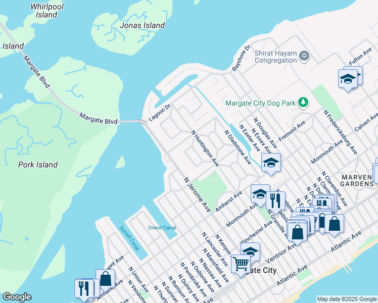 map of restaurants, bars, coffee shops, grocery stores, and more near 44 Seaside Court in Margate City