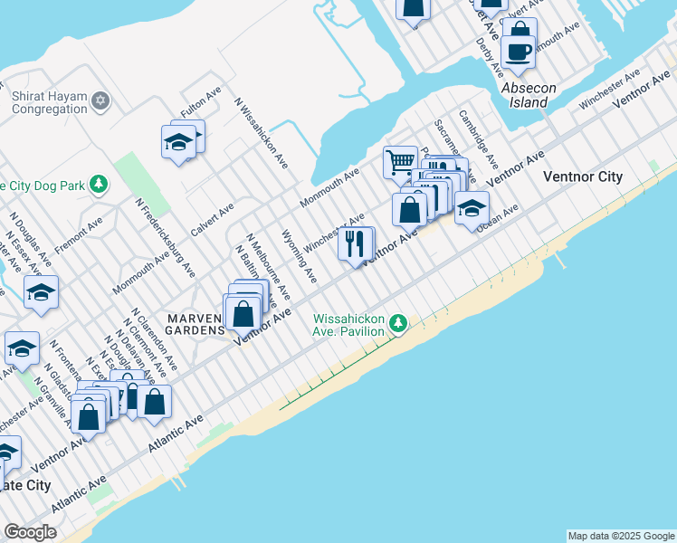 map of restaurants, bars, coffee shops, grocery stores, and more near 9 North Rosborough Avenue in Ventnor City
