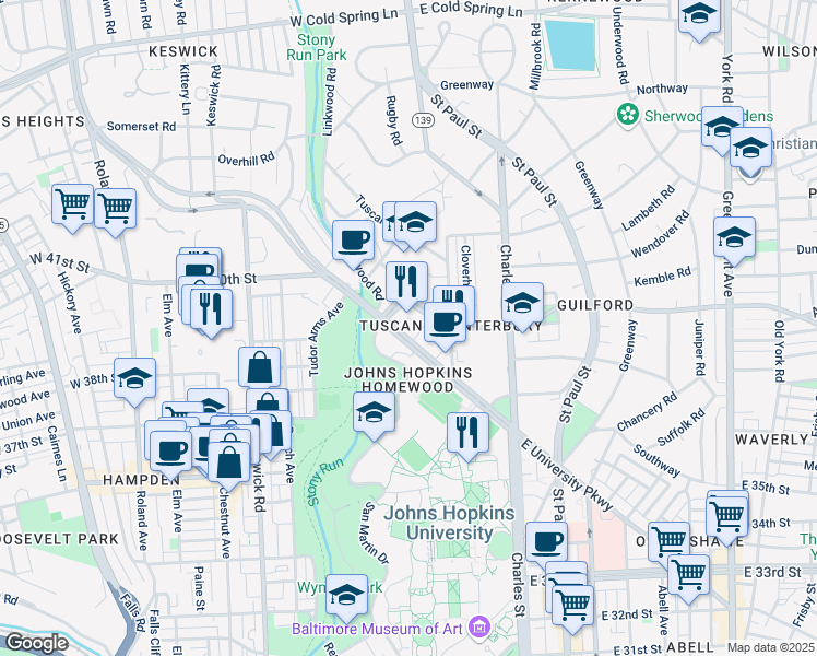 map of restaurants, bars, coffee shops, grocery stores, and more near 110 West University Parkway in Baltimore