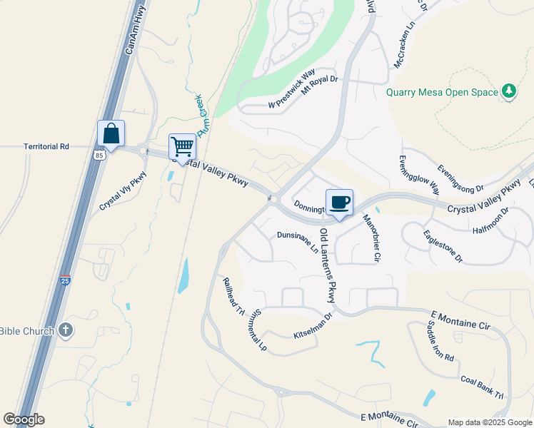 map of restaurants, bars, coffee shops, grocery stores, and more near 4099 Burnham Place in Castle Rock