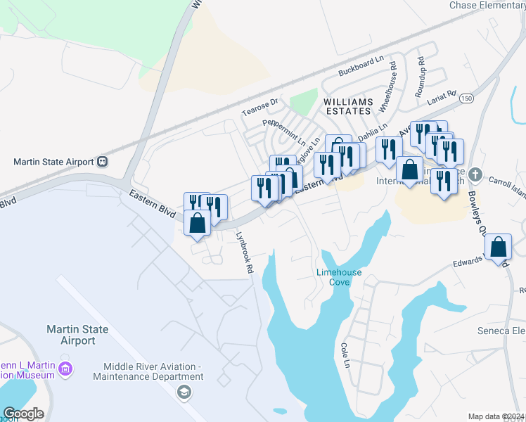 map of restaurants, bars, coffee shops, grocery stores, and more near 103 Mariners Point Drive in Middle River