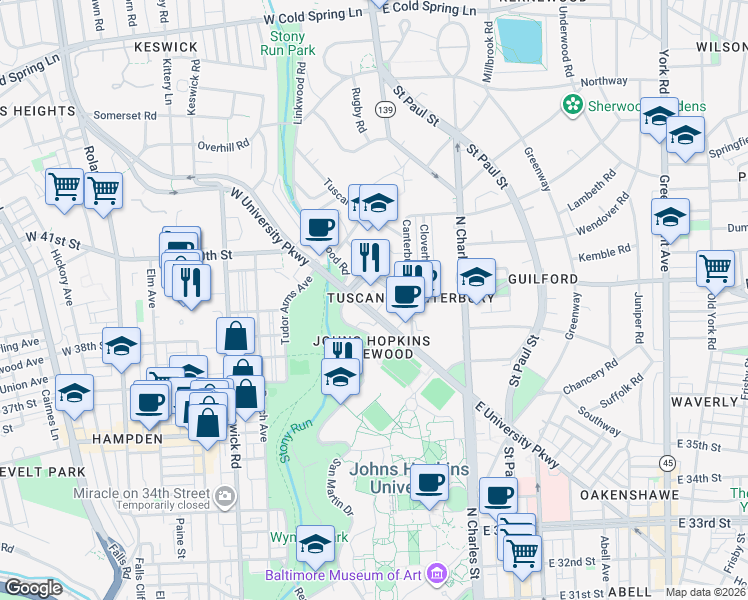 map of restaurants, bars, coffee shops, grocery stores, and more near 105 West 39th Street in Baltimore