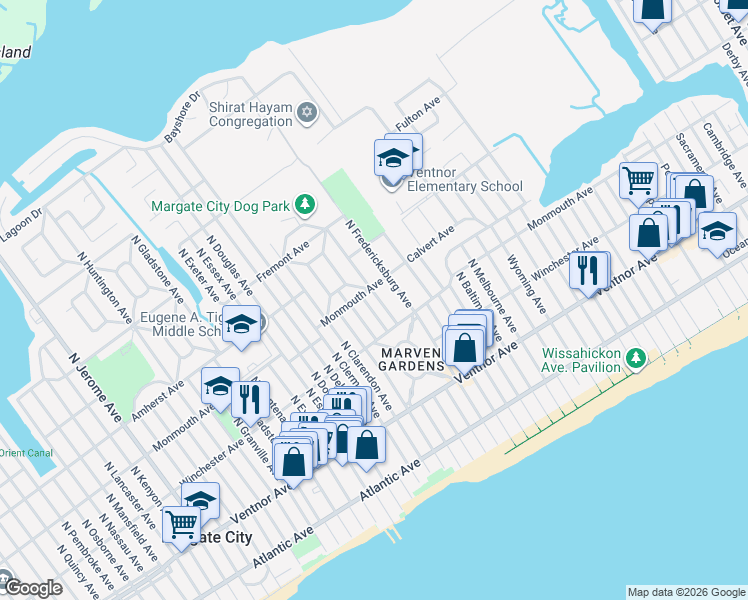 map of restaurants, bars, coffee shops, grocery stores, and more near 113 North Argyle Avenue in Margate City