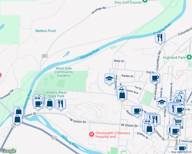 map of restaurants, bars, coffee shops, grocery stores, and more near 336 West State Street in Athens