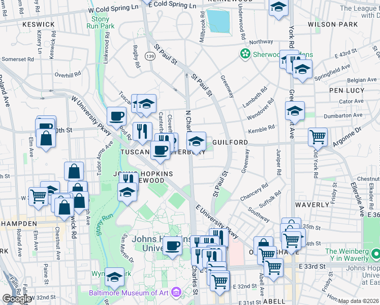 map of restaurants, bars, coffee shops, grocery stores, and more near 1 West 39th Street in Baltimore