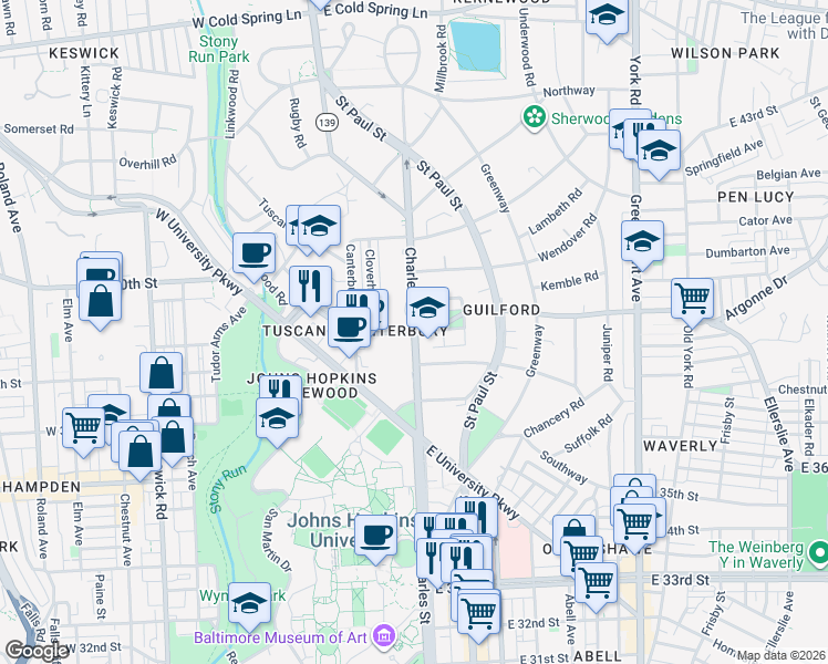 map of restaurants, bars, coffee shops, grocery stores, and more near N Charles St & W 39th St in Baltimore