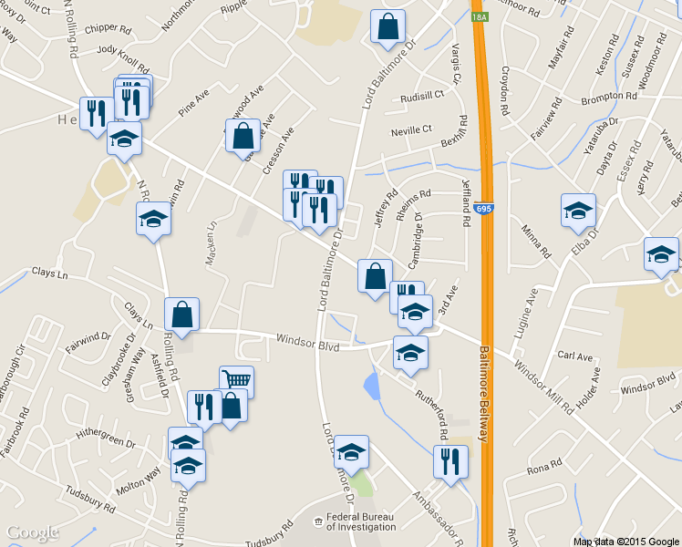 map of restaurants, bars, coffee shops, grocery stores, and more near 2925 Lord Baltimore Drive in Milford Mill