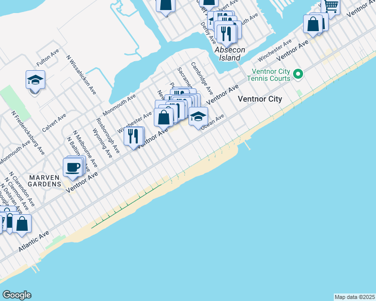 map of restaurants, bars, coffee shops, grocery stores, and more near 6500 Atlantic Avenue in Ventnor City