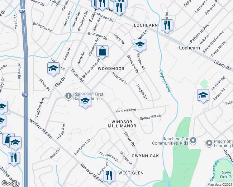 map of restaurants, bars, coffee shops, grocery stores, and more near 6734 Townbrook Drive in Lochearn