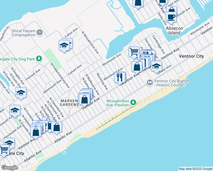 map of restaurants, bars, coffee shops, grocery stores, and more near 9 North Rosborough Avenue in Ventnor City