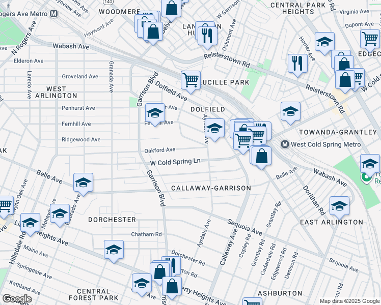 map of restaurants, bars, coffee shops, grocery stores, and more near 3801 Oakford Avenue in Baltimore