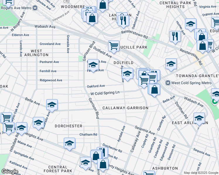 map of restaurants, bars, coffee shops, grocery stores, and more near 3809 Oakford Avenue in Baltimore