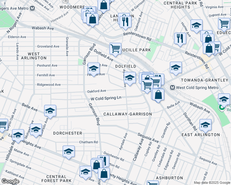 map of restaurants, bars, coffee shops, grocery stores, and more near 3801 Oakford Avenue in Baltimore