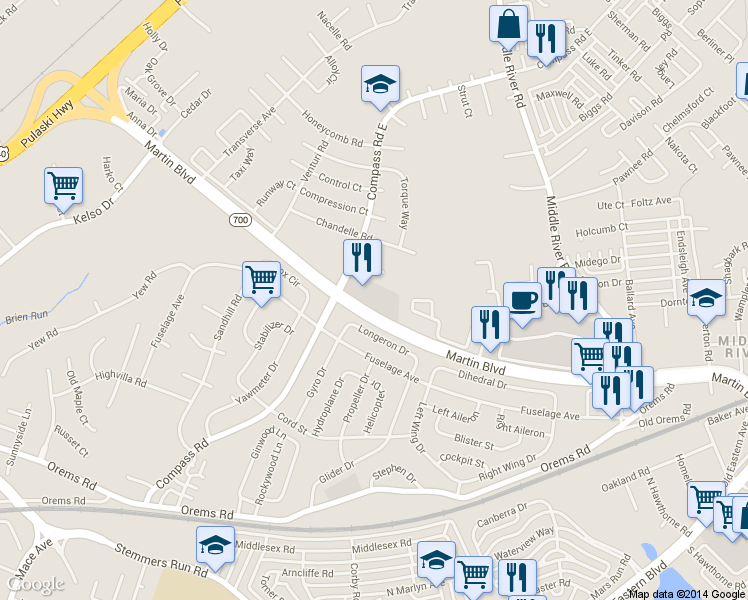 map of restaurants, bars, coffee shops, grocery stores, and more near 105 Beacon Road in Middle River