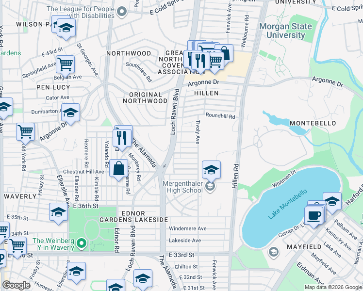 map of restaurants, bars, coffee shops, grocery stores, and more near 1501 Medford Road in Baltimore