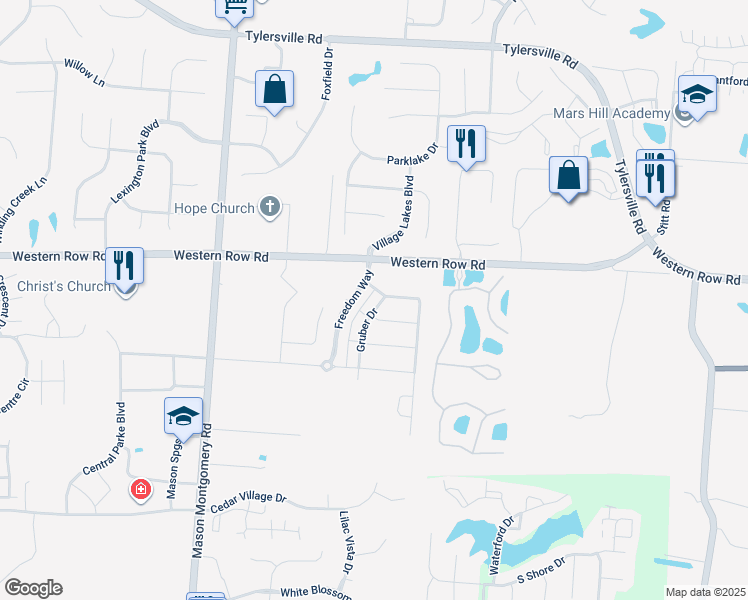 map of restaurants, bars, coffee shops, grocery stores, and more near 7071 Gruber Drive in Mason