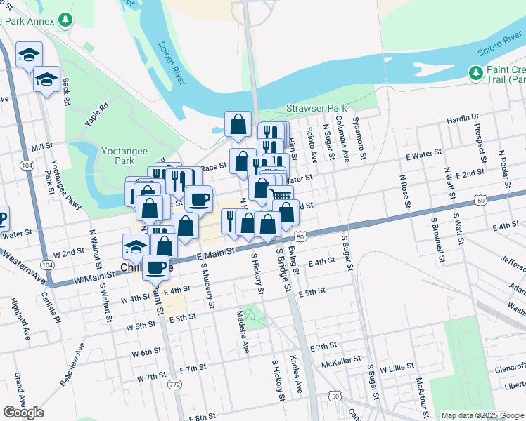 map of restaurants, bars, coffee shops, grocery stores, and more near 72 North Bridge Street in Chillicothe