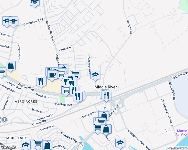 map of restaurants, bars, coffee shops, grocery stores, and more near 1588 Dornton Avenue in Middle River