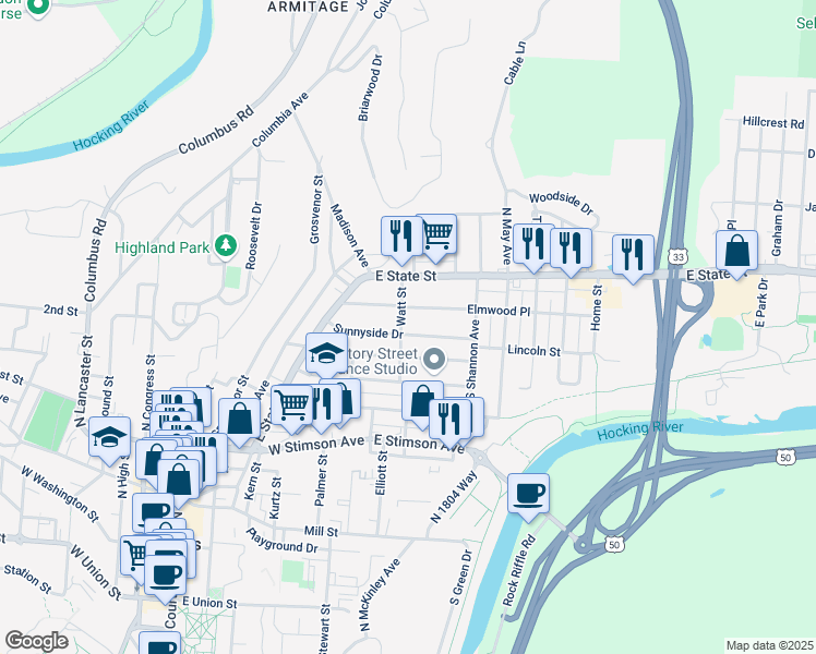 map of restaurants, bars, coffee shops, grocery stores, and more near 50 Sunnyside Drive in Athens