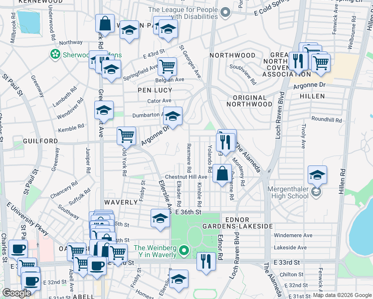 map of restaurants, bars, coffee shops, grocery stores, and more near 3918 Rexmere Road in Baltimore