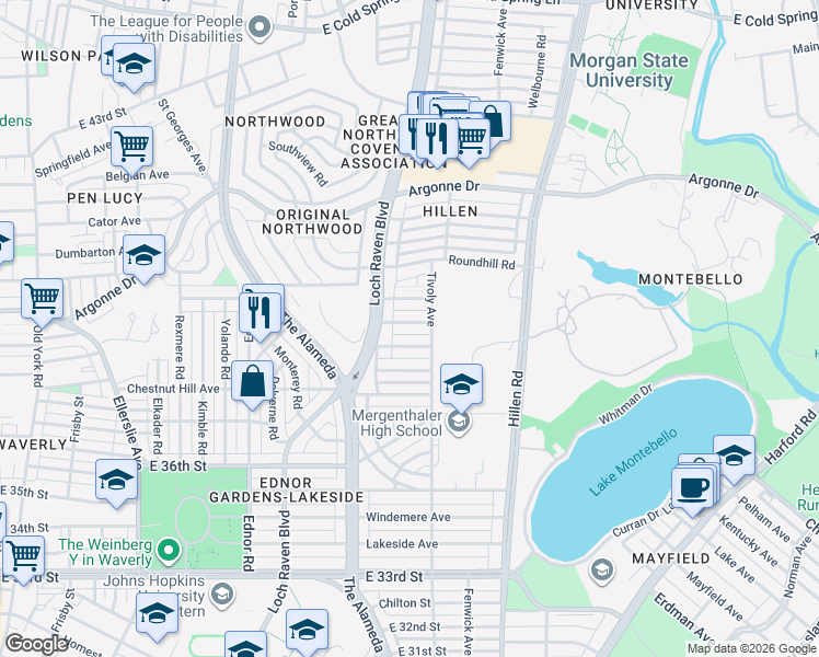 map of restaurants, bars, coffee shops, grocery stores, and more near 1517 Medford Road in Baltimore