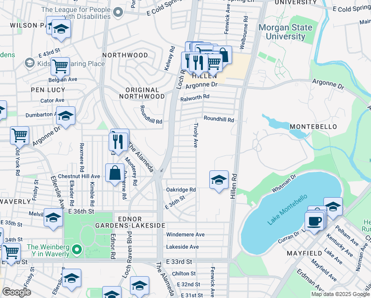 map of restaurants, bars, coffee shops, grocery stores, and more near 1517 Medford Road in Baltimore