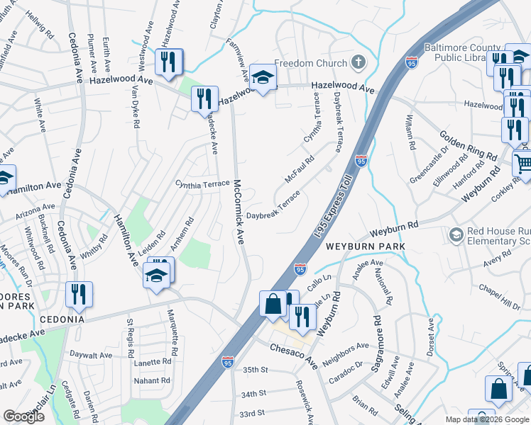 map of restaurants, bars, coffee shops, grocery stores, and more near 5512 Daybreak Terrace in Baltimore