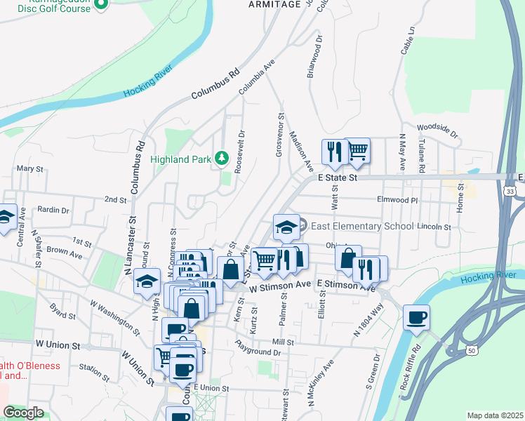 map of restaurants, bars, coffee shops, grocery stores, and more near 111 Franklin Avenue in Athens
