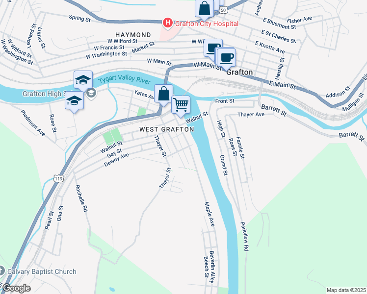 map of restaurants, bars, coffee shops, grocery stores, and more near 240 Maple Avenue in Grafton