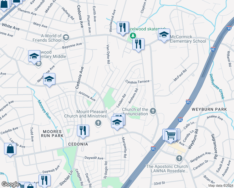 map of restaurants, bars, coffee shops, grocery stores, and more near 5637 Utrecht Road in Baltimore