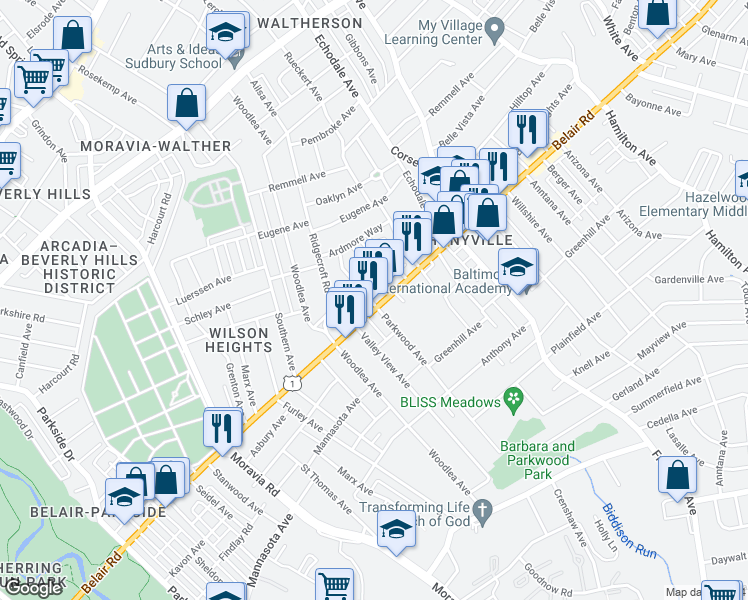 map of restaurants, bars, coffee shops, grocery stores, and more near 5000 Belair Road in Baltimore