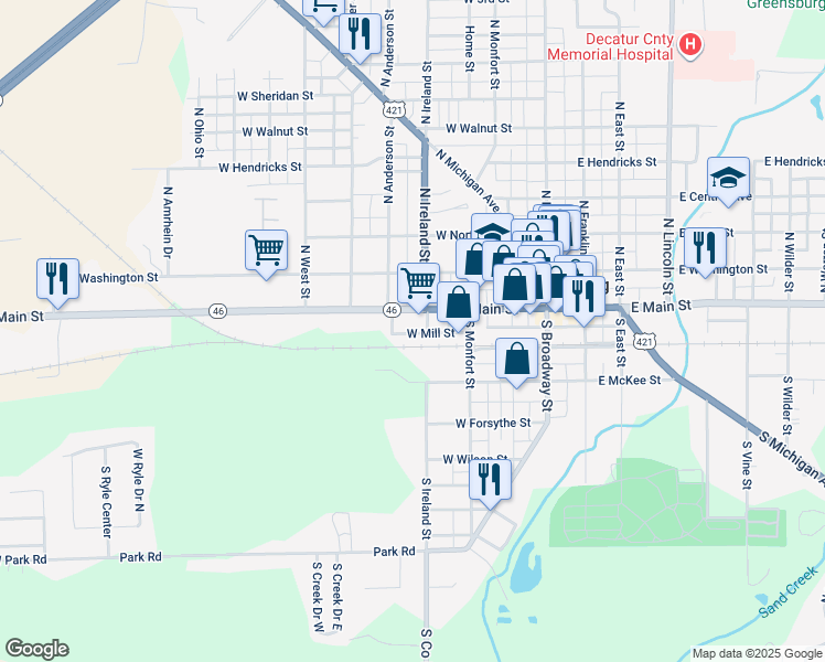 map of restaurants, bars, coffee shops, grocery stores, and more near 408 West Mill Street in Greensburg