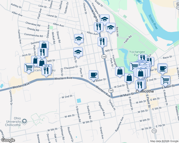 map of restaurants, bars, coffee shops, grocery stores, and more near 167 Vine Street in Chillicothe