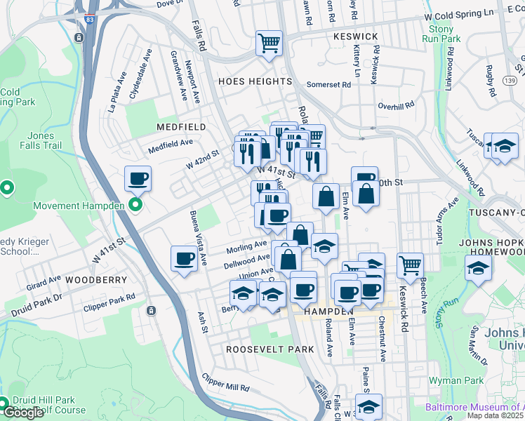 map of restaurants, bars, coffee shops, grocery stores, and more near 3926 Maryland 25 in Baltimore