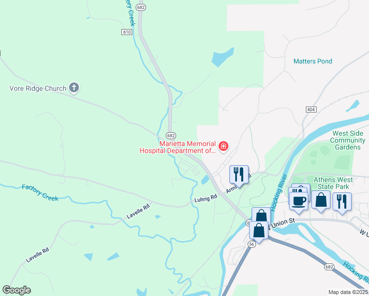 map of restaurants, bars, coffee shops, grocery stores, and more near 9318 Ohio 682 in Athens