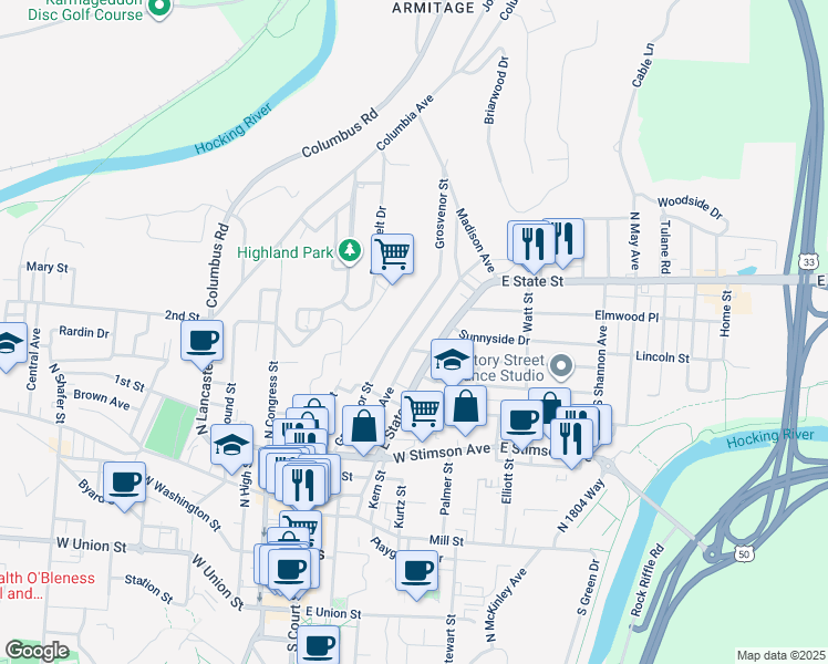 map of restaurants, bars, coffee shops, grocery stores, and more near 111 Franklin Avenue in Athens
