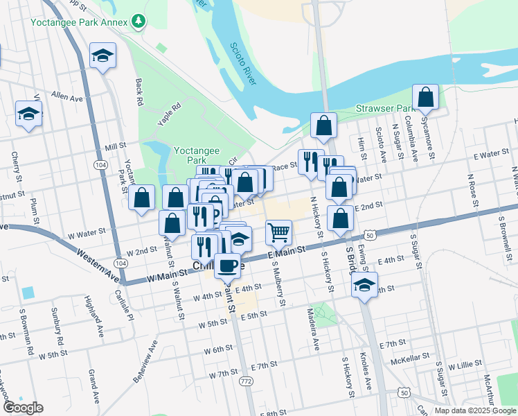 map of restaurants, bars, coffee shops, grocery stores, and more near 94 East Water Street in Chillicothe
